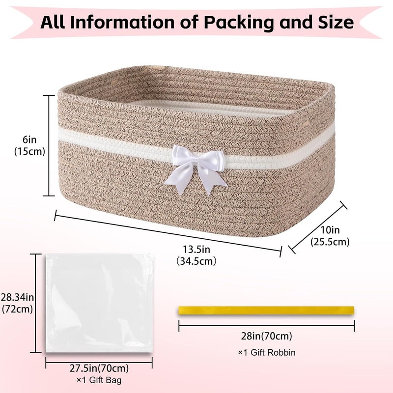 OIAHOMY Large Woven Storage Basket with Handles for Nursery Living Room Shelves, Bow Basket for Gifts Empty with Gift Bags and Ribbons for Baby Showers Pet Toy Bin - Brown & White - Image 2
